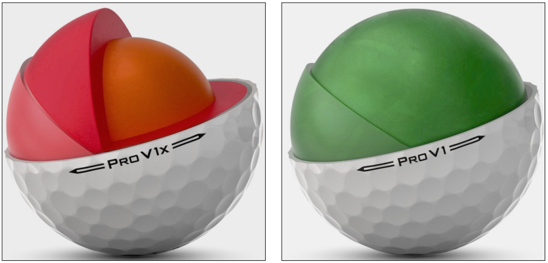 Titleist’s Pro V1 and Pro V1X golf balls have different construction and dimple patterns. While both produce similar reduced spin characteristics for drives, the X model spins more on approach shots and feels a bit harder when putting.